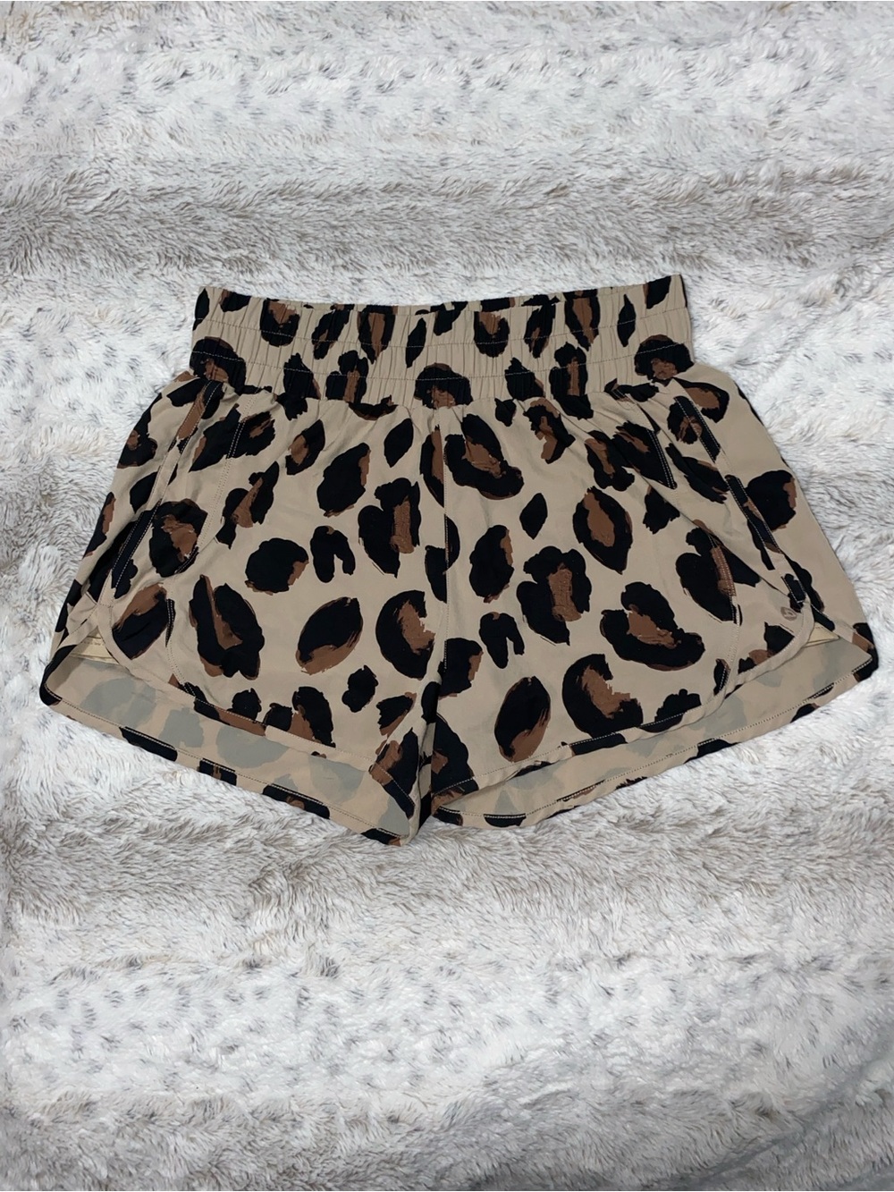 Beige Leopard Print Athletic Shorts with Elastic Waist